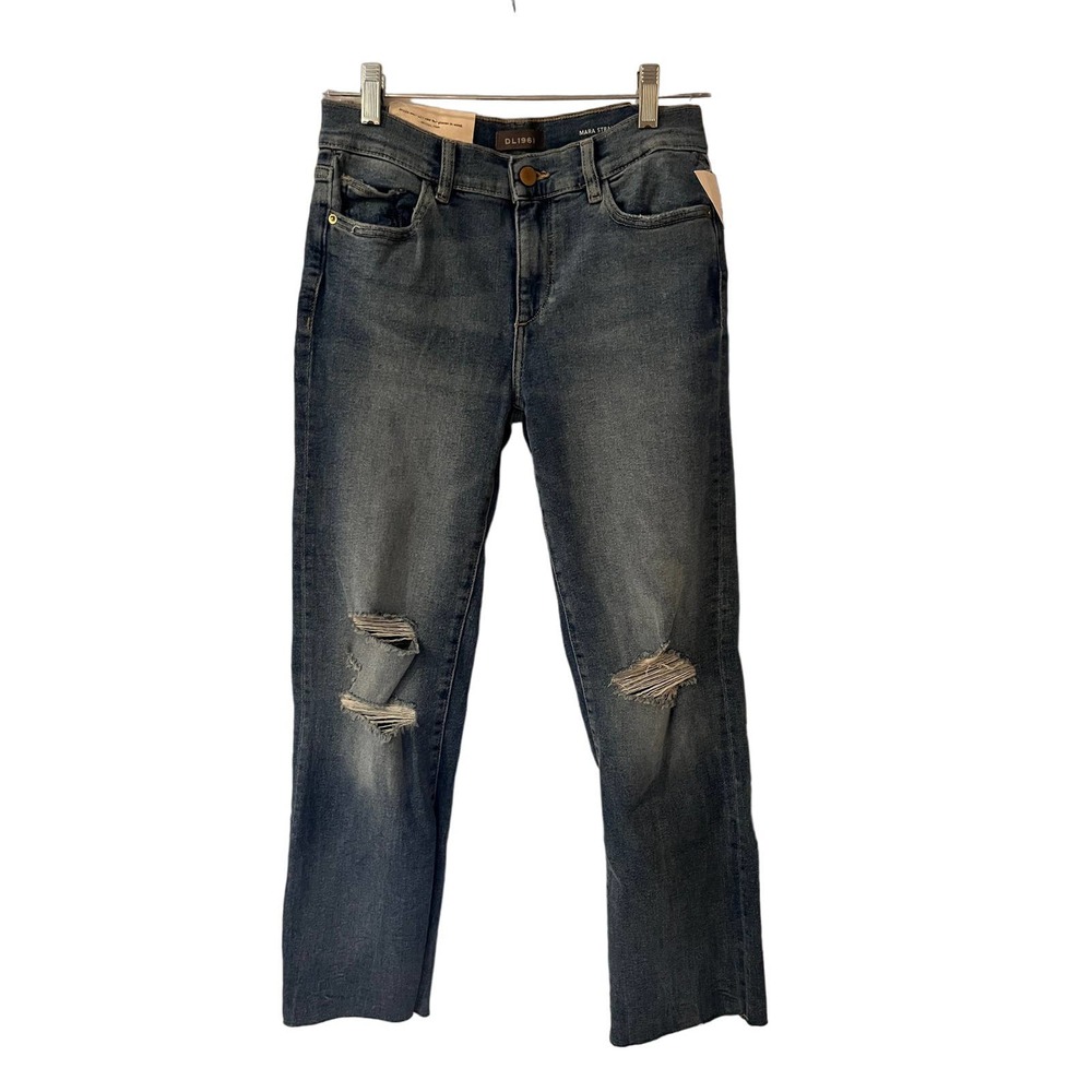 DL1961 Mara Straight Mid-Rise Jeans Light Distressed Raw Hem Ankle Length Sz 27